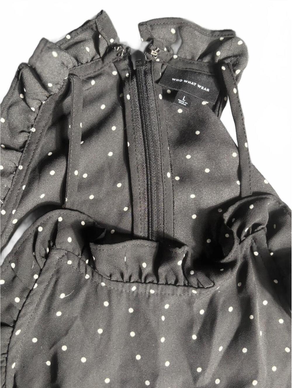 Who What Wear Black Polka Dot Sleeveless Ruffle Neck Dress -